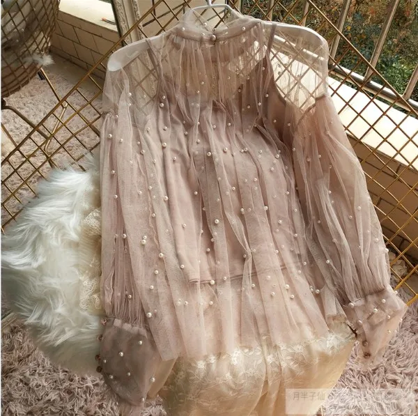 Y Blusa Perspectiva Manga Otoño Primavera Beige Boutique Las Piezas Tops De Mujeres Gasa 2019 rosado Camisa Dos Perlas Burbuja Señoras a6Sw5xq6