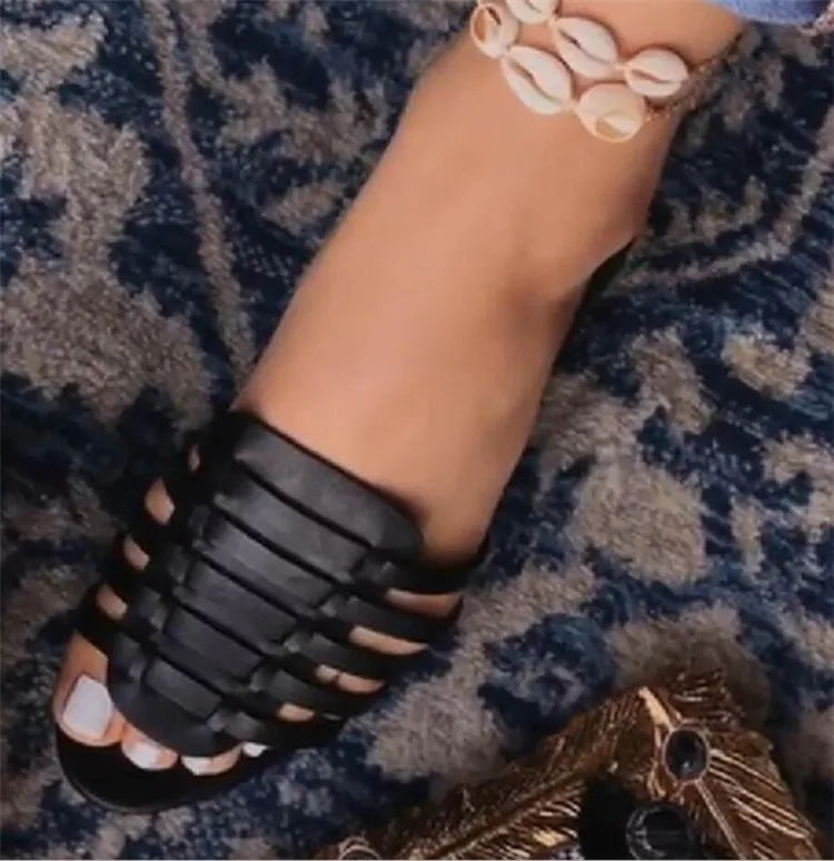 النسيج النساء الصنادل جديد الصيف فم السمكة روما صندل مسطح السيدات الضحلة جوفاء زلة على حذاء كاجوال امرأة أحذية Mjuer S264