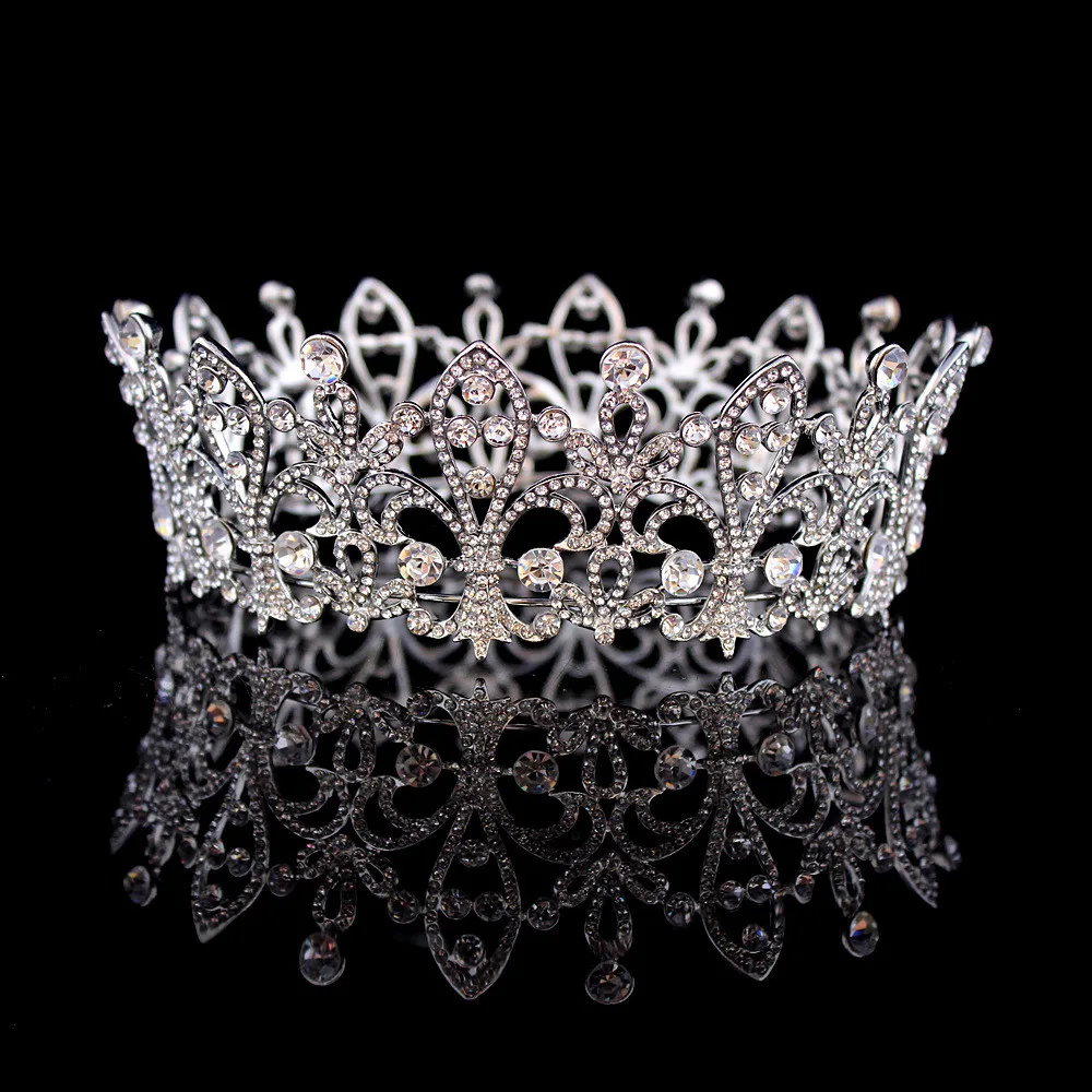 

Bling Bling Crystal Beaded Bridal Crown Round Tiaras Silver Rhinestone Diadem For Bride Headbands Wedding Hair Accessories