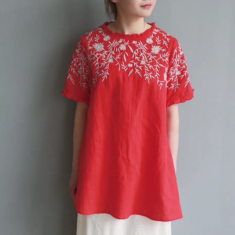 Rouge Bonne Pour Blusas Chanvre Rétro Broderie Vêtements DHW2E9I