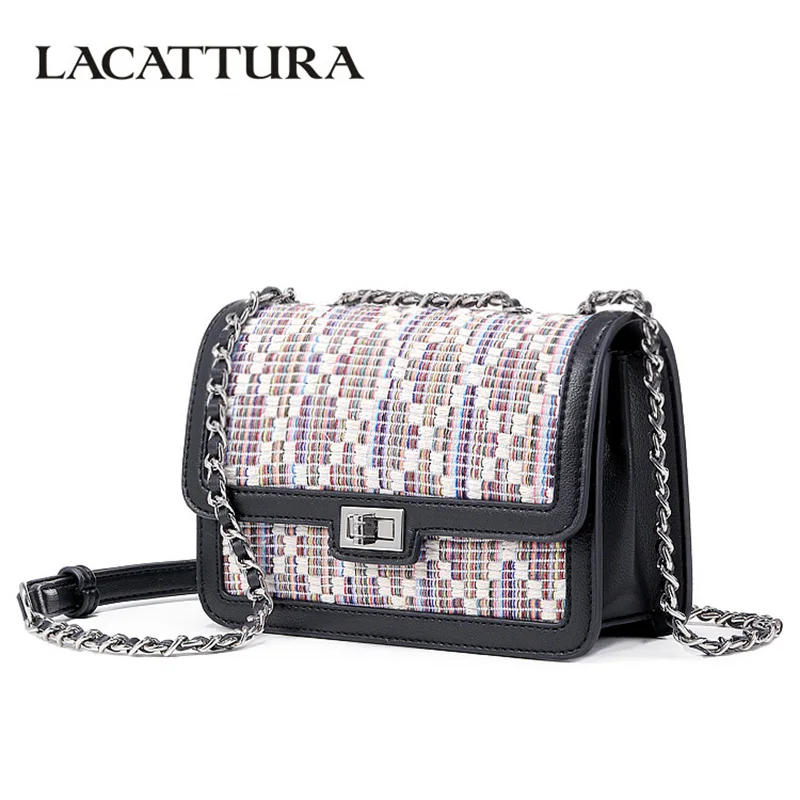 

LACATTURA Designer Women Handbag Small Flap Shoulder Bags Fashion Chain Crossbody for Lady Lavender Color Tweed New Arrival