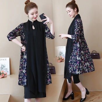 

Black Women dress with cardigan cotton linen plus size 2 piece party dresses elegant vintage China print 2019 spring clothing