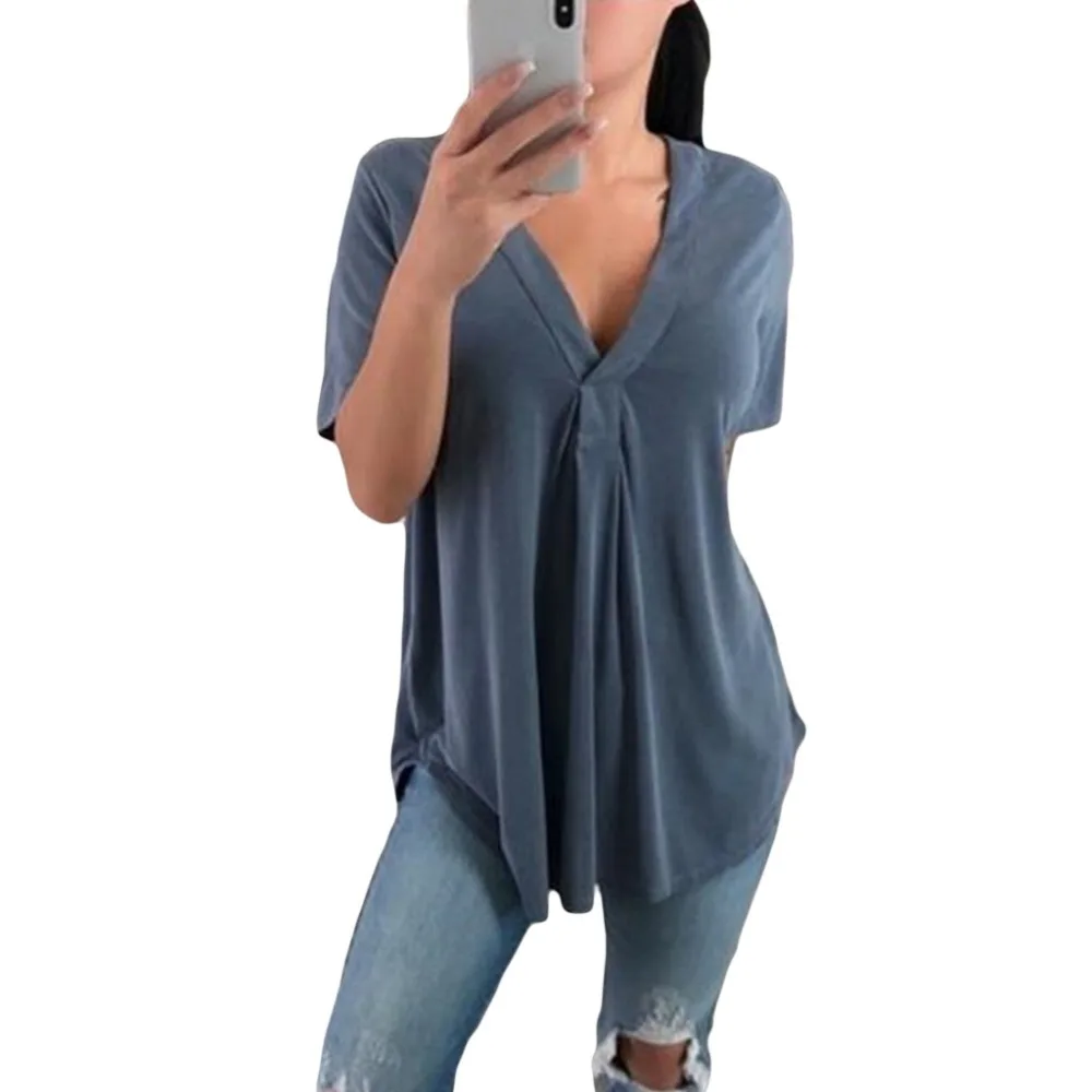 2019 Plus Size Women Summer Blouse Tops Casual Loose Short Sleeve Solid V-Neck Blouses Shirts 2019 Plus Size Women Summer Blouse Tops Casual Loose Short Sleeve Solid V-Neck Blouses Shirts
