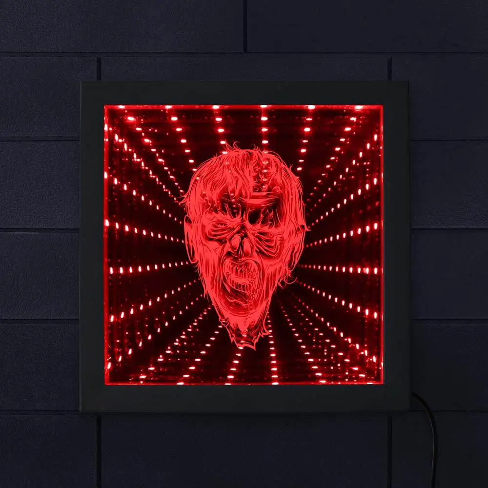 

Horrific Zombie Head Lighting Wall Art Infinity Mirror Dead Man Endless Space Tunnel Vision Wood Frame Deco Light Halloween Gift