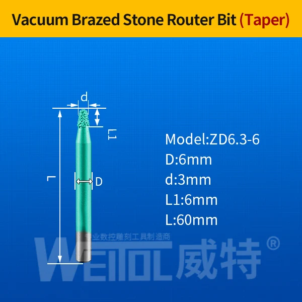 WeiTol 1 шт 6 мм Вакуумные Паяные фрезы для обработки камня ЧПУ мраморные режущие инструменты камень для станка с ЧПУ режущие биты для гранита - Длина режущей кромки: ZD6.3-6