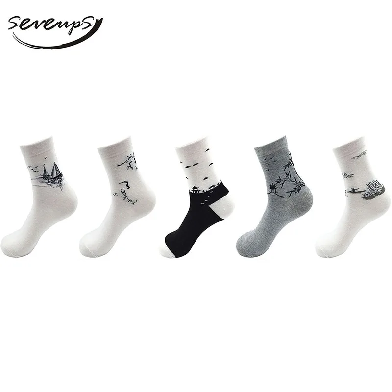 5 Pairs White Socks For Men Cotton Printed Crew Socks With Print Male