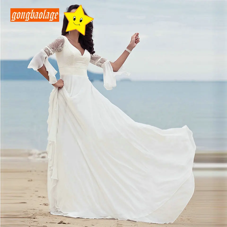 

Elegant Ivory Bohemian Long Evening Gown 2019 Women Party Dresses Boho V-Neck Chiffon Zipper Beach Lady Formal Maxi Dress Prom