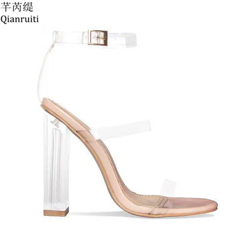 

Qianruiti Transparent PVC Ankle Buckle Strap Women Sandals Rome Style Block Heels Women Pumps Clear High Heels Women Shoes