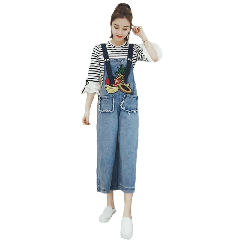 

XL-5XL Plus size New Women's embroidery Sequins Short Sleeve T-shirt + Denim Overalls Two Pieces Female Jeans Jumpsuit Set