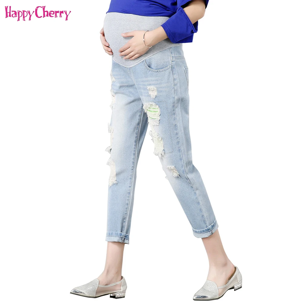 Denim Maternity Jeans Summer Light Blue Ripped Hole Pencil Pregnancy ...