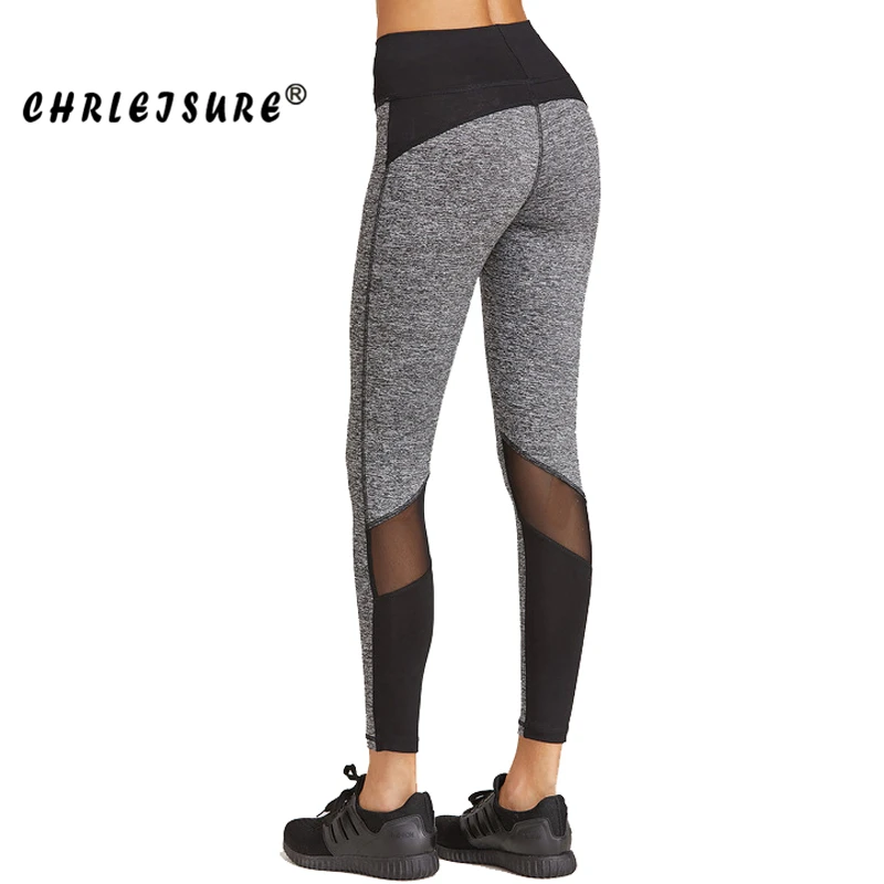 

CHRLEISURE Mesh Leggings Black Grey Patchwork Fitness Pants Trousers Legins Large Size Elasticity Push Up Women Leggings