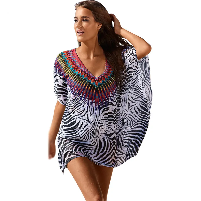 

Pareo Beach Women Chiffon Swimsuit Cover Ups Sexy Leopard Print Kaftan Beach Tunic Dress 2018 Summer Robe De Plage Bat Sleeve