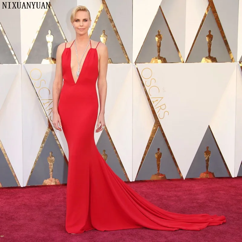

88th Oscars Academy Awards 2019 Charlize Theron Celebrity Dresses with Deep V Neckline Mermaid Red Carpet Dress for Party
