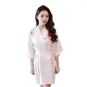 

New Pink Female Satin Mini Wedding Bride Bridesmaid Robe V-Neck Sexy Sleepwear Print Flower Nightdress Loose Kimono Bath Gown
