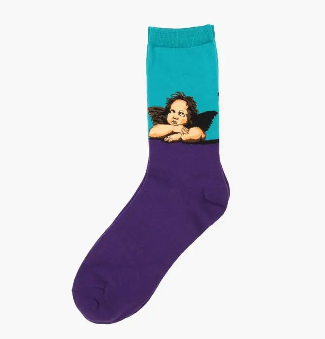 Мужские длинные хлопковые носки с креативным рисунком Мона Лиза/Звездная ночь/крик/Ангел/цунами, для отдыха, элитные подарочные Носки с рисунком поцелуя - Цвет: Angel