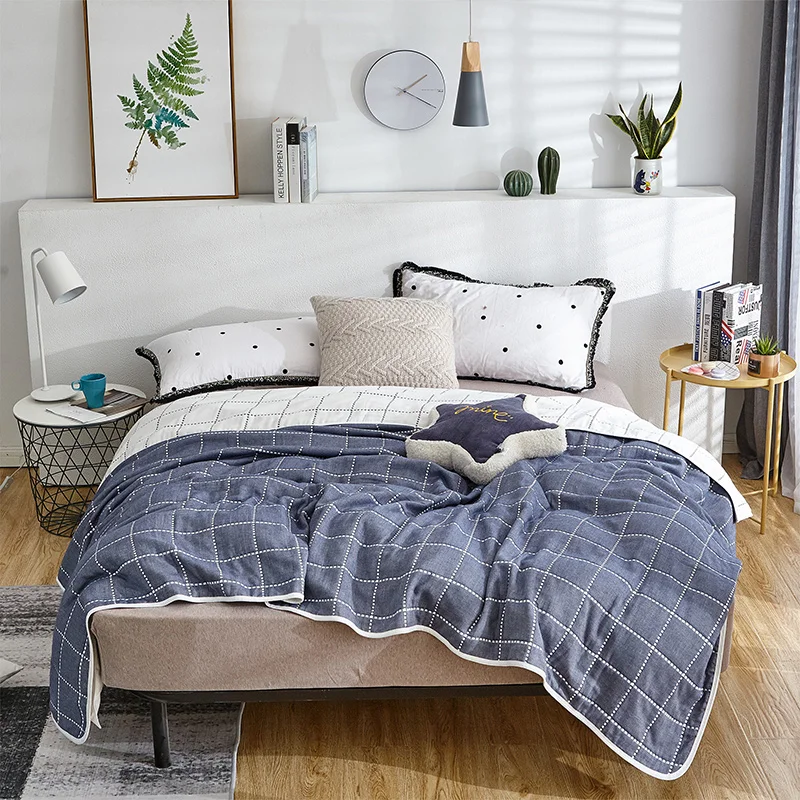 

iDouillet Modern Blue Plaid 6 Layer Cotton Muslin Blanket Baby Boy Swaddle Blanket Toddler Nursery Cuddle Adult Bed Coverlet