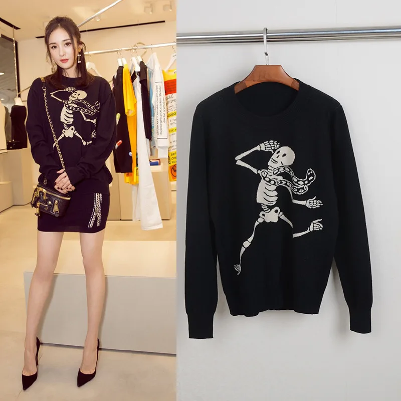 Women's Knitted Sweater Yang's Same Skeleton Pattern Black Sweater 2019 Pullovers O-Neck Wool Black Women Sweater