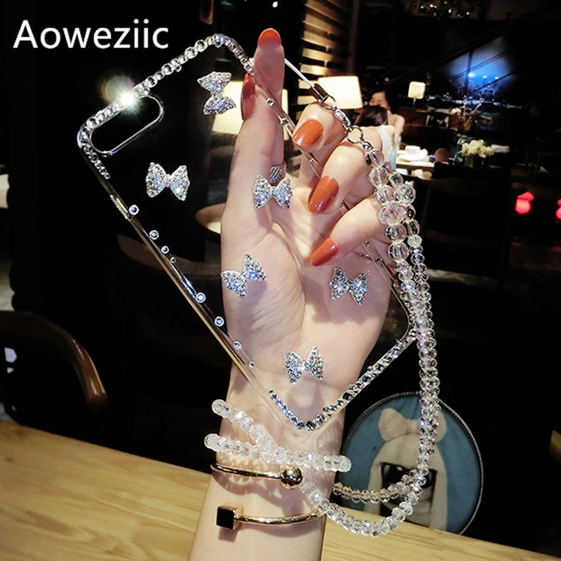 

Aoweziic South Korea XR luxury rhinestone bow For iPhone6s 7 8plus phone case XS MAX lanyard transparent drop all-inclusive girl