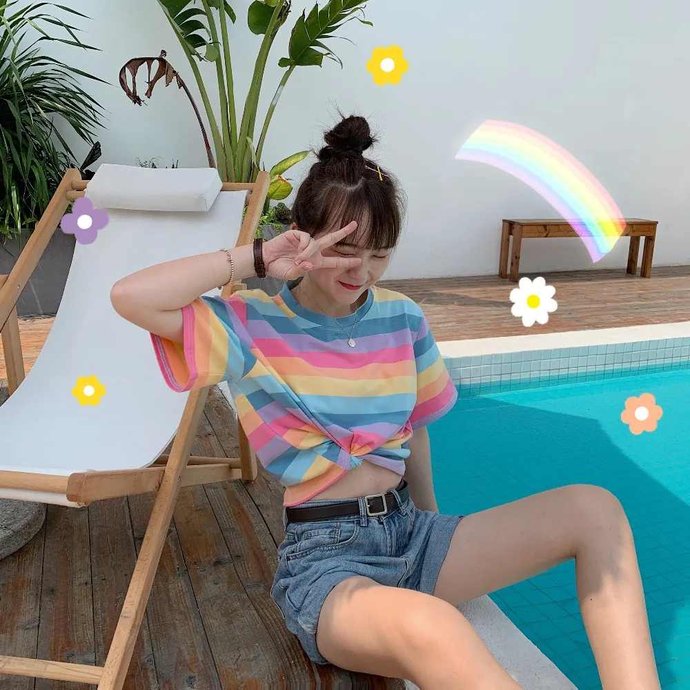 

Summer Tops for Women 2019 Korean Style Cute Rainbow Striped Casual Loose Round Neck Short Sleeve T-shirt tee shirt femme T337