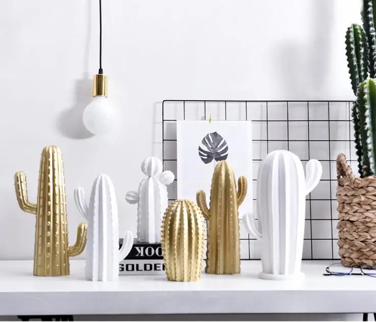 

New Nordic style Golden or White Cactus Ornament Home Decor Resin Nice Catcus Figure Handmade Simulation Plant for Home & Shop