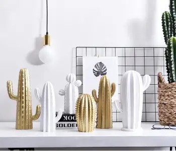 

New Nordic style Golden or White Cactus Ornament Home Decor Resin Nice Catcus Figure Handmade Simulation Plant for Home & Shop