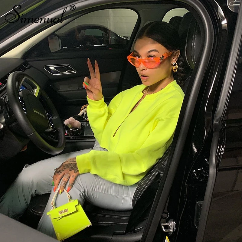 Simenual Neon Color Zipper Women's Sweatshirt Long Sleeve Streetwear Cropped Sweatshirt Casual Basic Solid Fashion Hoodies 2019