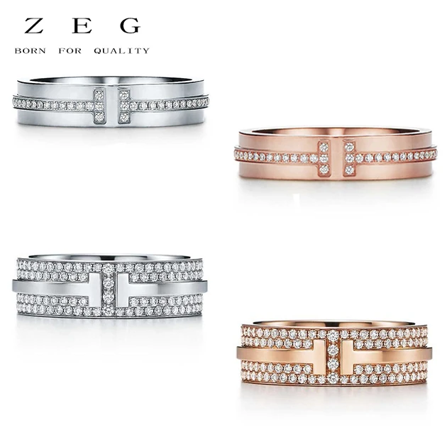

ZEG High Quality 100% Sterling Silver TIFF Original 1:1 Double T Have Zircon Ring Rose Gold Has Logo Women Jewelry Free Mail