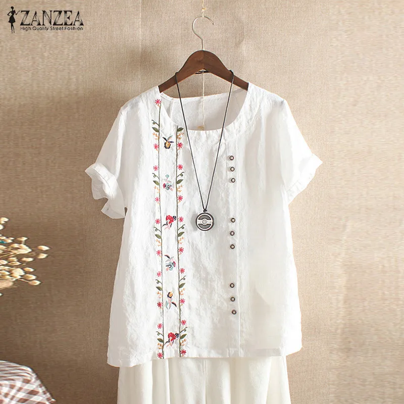 Женская блузка с вышивкой, ZANZEA, элегантная льняная туника, женская футболка с круглым вырезом, летняя блуза с коротким рукавом, женские топы большого размера