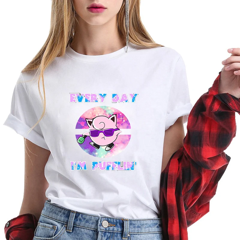 

White T Shirt Every Day Im Pufflin Jigglypuff Tops Tees Pokemon Tshirt Fashion Womens Clothes O-Neck Harajuku Camiseta Mujer