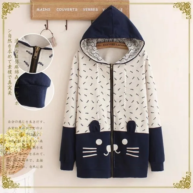 

2018 Autumn Women Zip-up Pullover Cat Fish Print Mori girls Hoodies Back with Tail Cute Teens Sweatshirts Winter Pullove Outwear