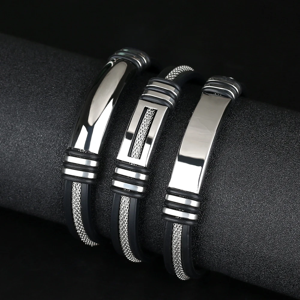Модные ювелирные изделия панк женские мужские черные силиконовые браслеты стальной цвет Шарм нержавеющая сталь женский ювелирный браслет
