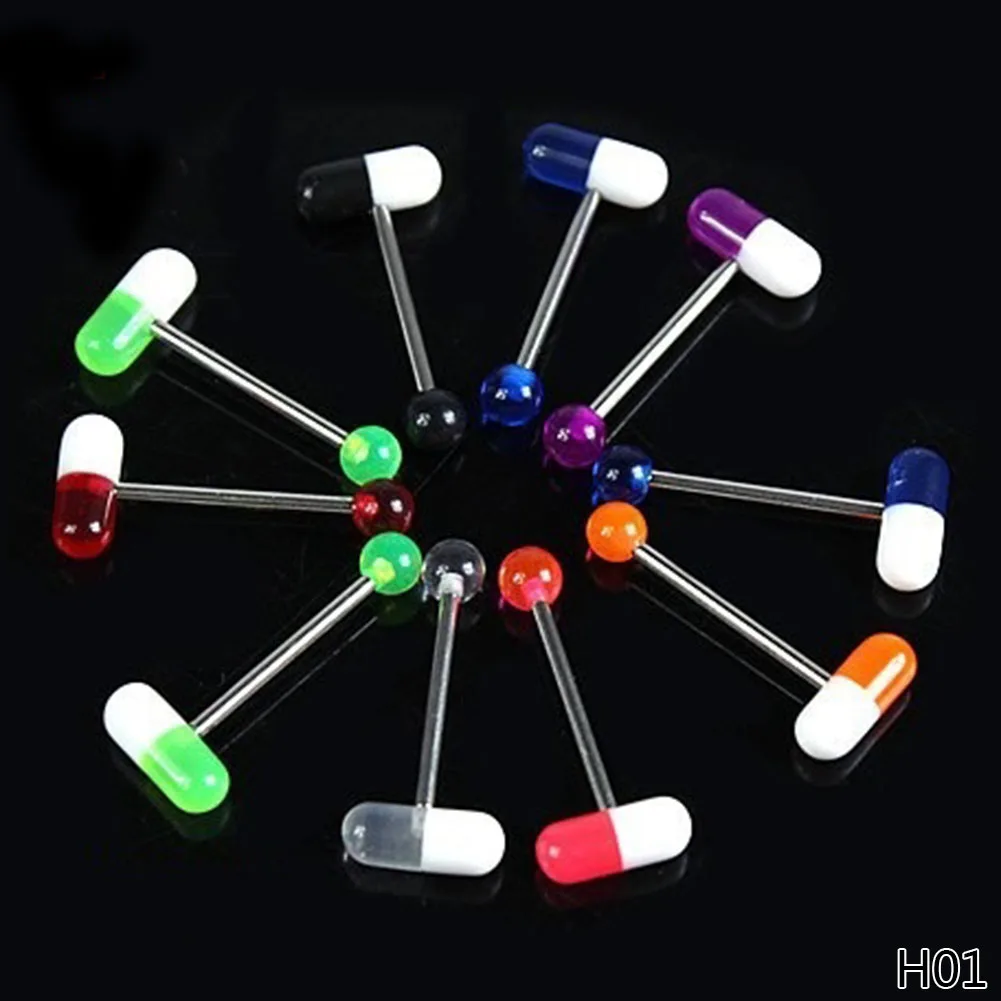 Color Random 10Pcs/Set! Mix Surgical Steel Acrylic Tongue Bar Pill