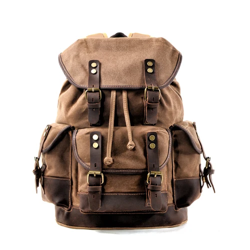 MUCHUAN, хлопковый холщовый рюкзак с масляным воском, мужской Большой Вместительный винтажный водонепроницаемый рюкзак, 15 дюймов, рюкзаки для ноутбуков, рюкзак с заклепками - Цвет: Хаки
