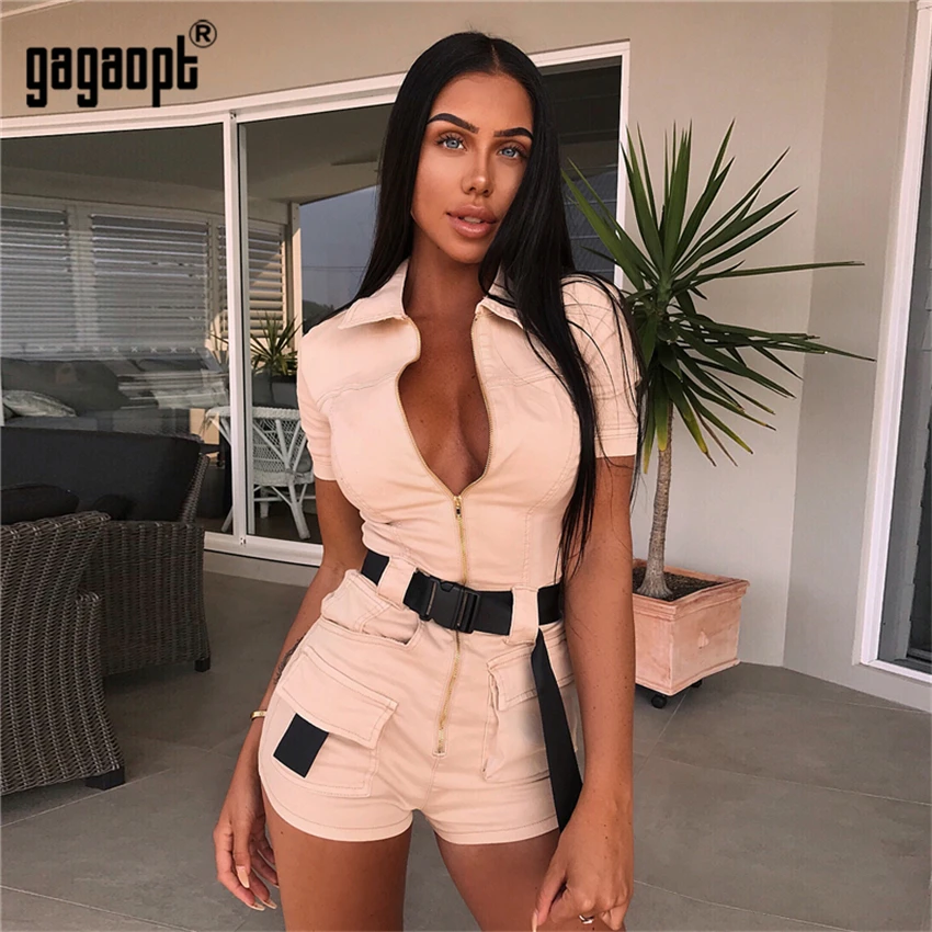 Gagaopt Women's Autumn Rompers Sexy Jumpsuits Khaki Mini Pants Trousers Shortsleeve Casual Playsuits
