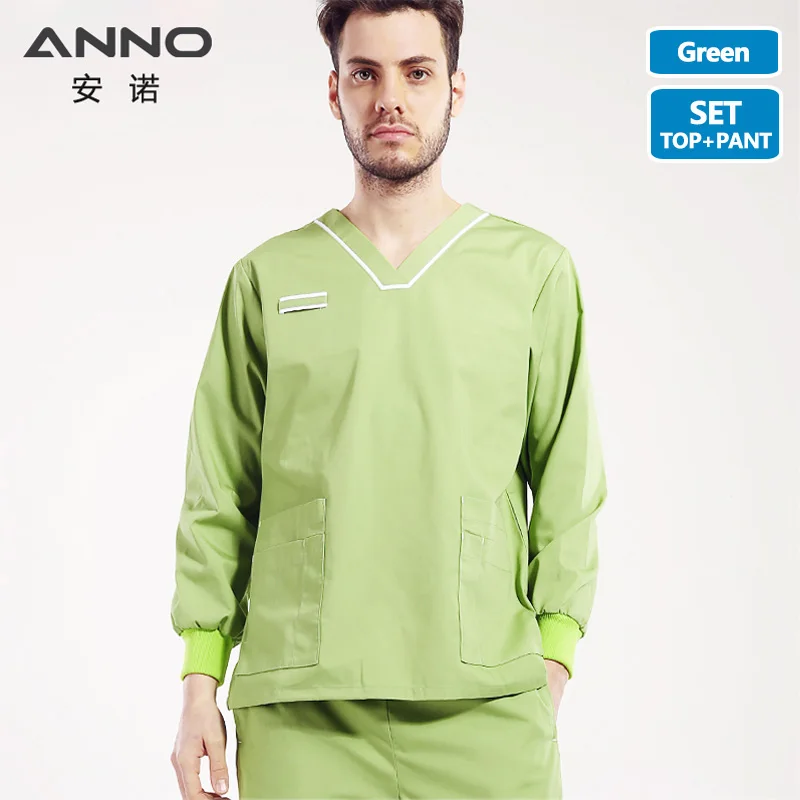ANNO Blue медицинская одежда для женщин и мужчин наборы для ухода Униформа скрабы доктор короткий рукав больничные хирургические халаты - Цвет: GuoLv-Long-Set