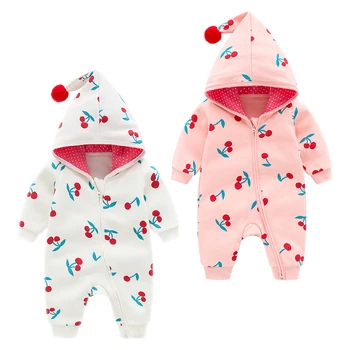 

Autumn And Winter Body Hooded Cute Girl Rompers,cotton Sweatshirt Cherry Printed Unisex Baby Clothes Jumpsuit For Boys