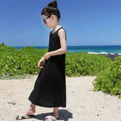 Одежда для девочек Лето 2018 г. черное пляжное длинное платье детское платье без рукавов на бретельках платье трапециевидной формы туника