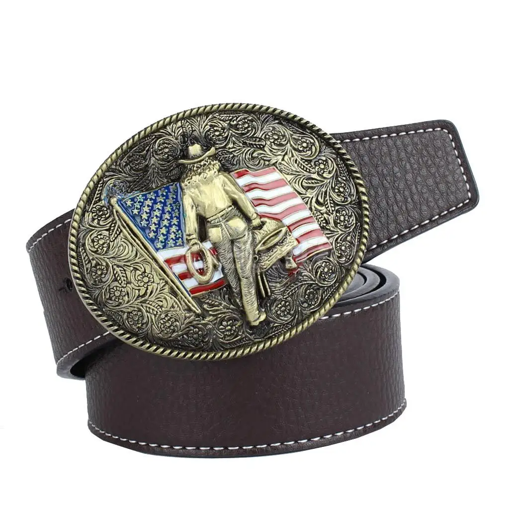 Classic American Flag Rider knight Belt Buckle Cowboy Leather Belt For