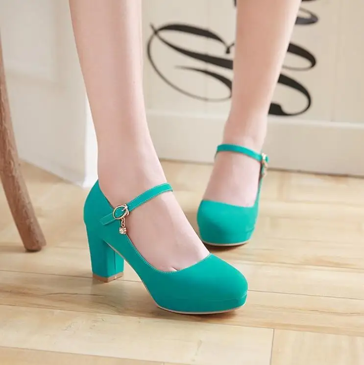 

2018 Spring New Word Buckle Round Waterproof Thick with High-heeled shoes Large size shoes 40-43