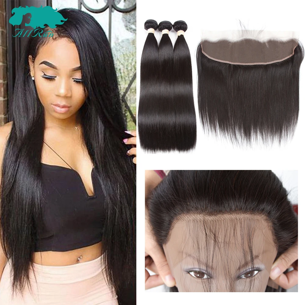 Allrun 2/3 Bundles With Frontal Brazilian Straight Human Hair Weave Bundles With Closure Lace Frontal Non Remy Hair Extension Allrun 2/3 Bundles With Frontal Brazilian Straight Human Hair Weave Bundles With Closure Lace Frontal Non Remy Hair Extension