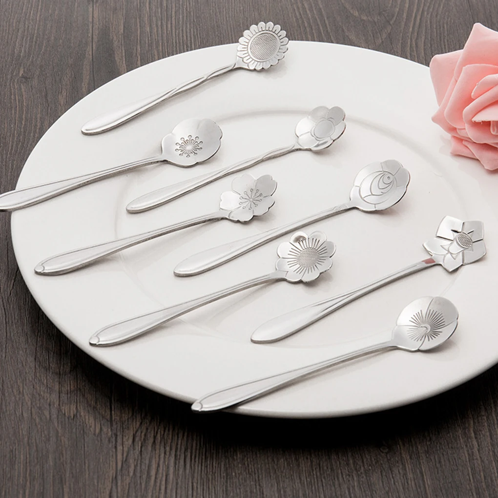 1pcs/8pcs Stainless Steel Flower Coffee Spoon Metal Soup Dessert Ice Cream Teaspoon Party Kitchen Tools