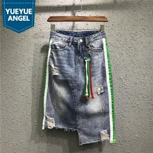 Faldas Mujer Moda Летние повседневные рваные прямые Асимметричные джинсовые юбки до середины икры Высокая талия высокая уличная джинсовая юбка женская