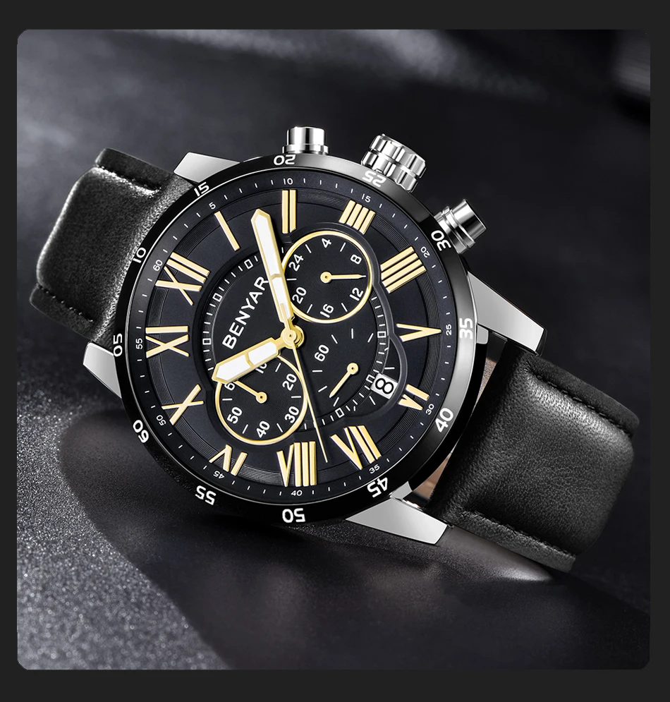 Мужские часы s BENYAR, кварцевые мужские часы с хронографом, Топ бренд, роскошные кожаные мужские спортивные часы, водонепроницаемые мужские часы