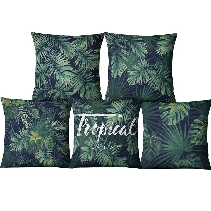 Tropical Plant Printed Cushion Cover Green Leaves Linen Throw Pillow Case Decor