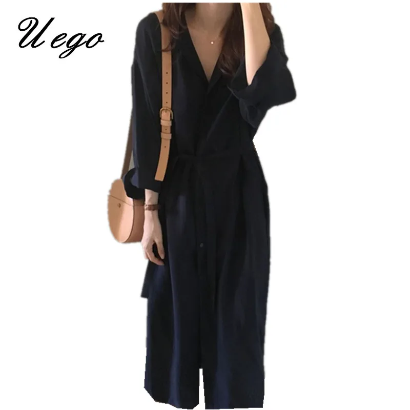

Uego Korea Prairie Chic 2019 New Arrival Spring Dress Soft Cotton Linen V-neck Frosty style Lady Shirt Dress Women Casual Dress