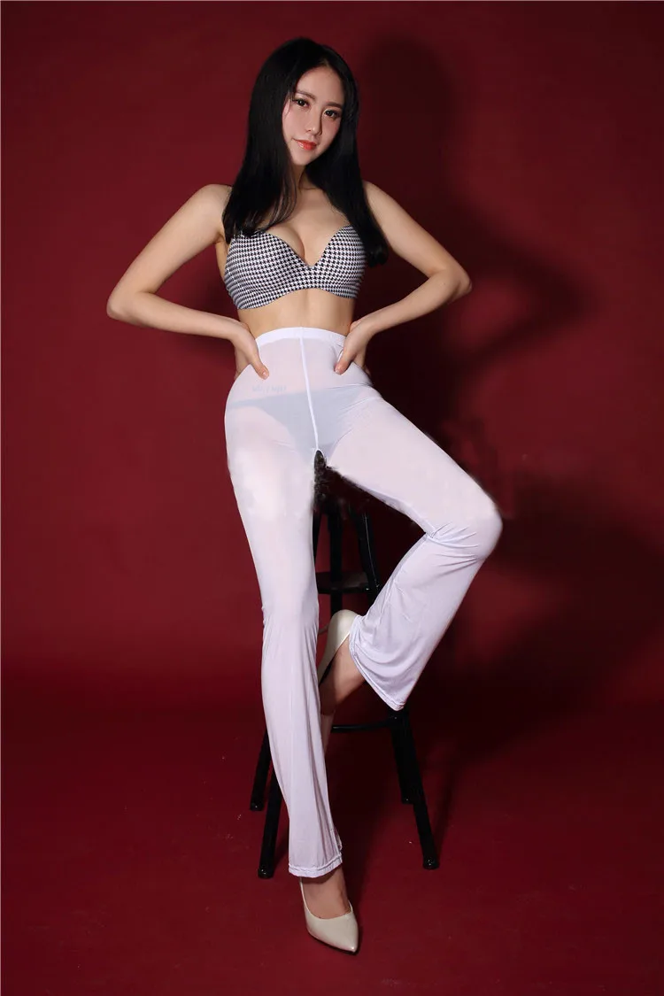 Ice Silk прозрачные эластичные обтягивающие штаны, сексуальное женское белье с открытой промежностью, блестящие обтягивающие штаны