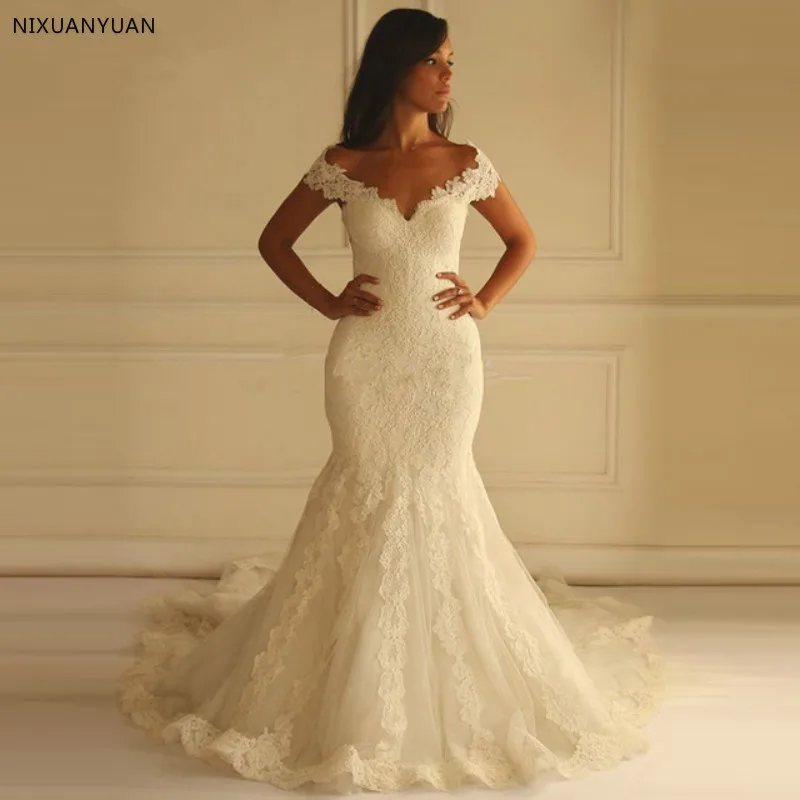 

2019 Sexy V Neck Mermaid Wedding Dress Off Shoulder Lace Appliques Customized Women Bridal Dress Vestido De Noiva