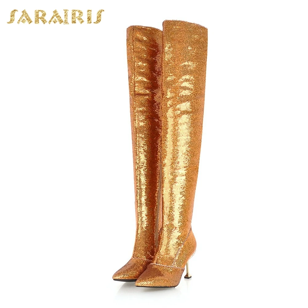 

SARAIRIS New plus Size 32-43 Add Warm Plush Thin High Heels Boots Woman Shoes Zip Up Pointed Toe Over The Knee Boots