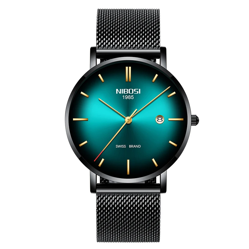 NIBOSI мужские s часы Топ бренд класса люкс водонепроницаемые спортивные часы для мужчин ультра тонкие часы для мужчин кварцевые часы повседневные Relogio Masculino - Цвет: black green gold m