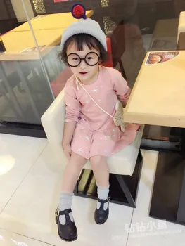 

Girls Long Sleeved Korean Princess Dress Star Printing Pink Cotton